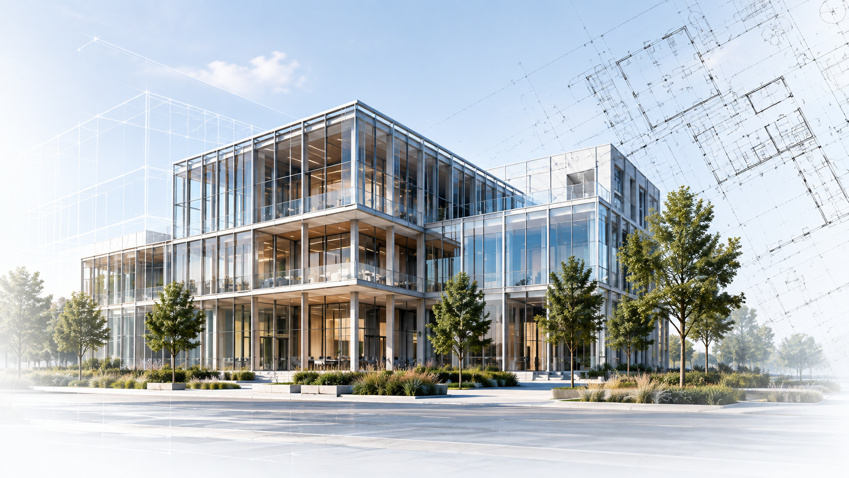 Architectural blueprint and modern commercial building design