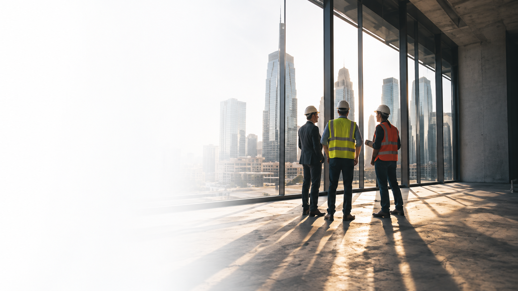 Nexus Infinity leaders overlooking the city skyline from a building under development