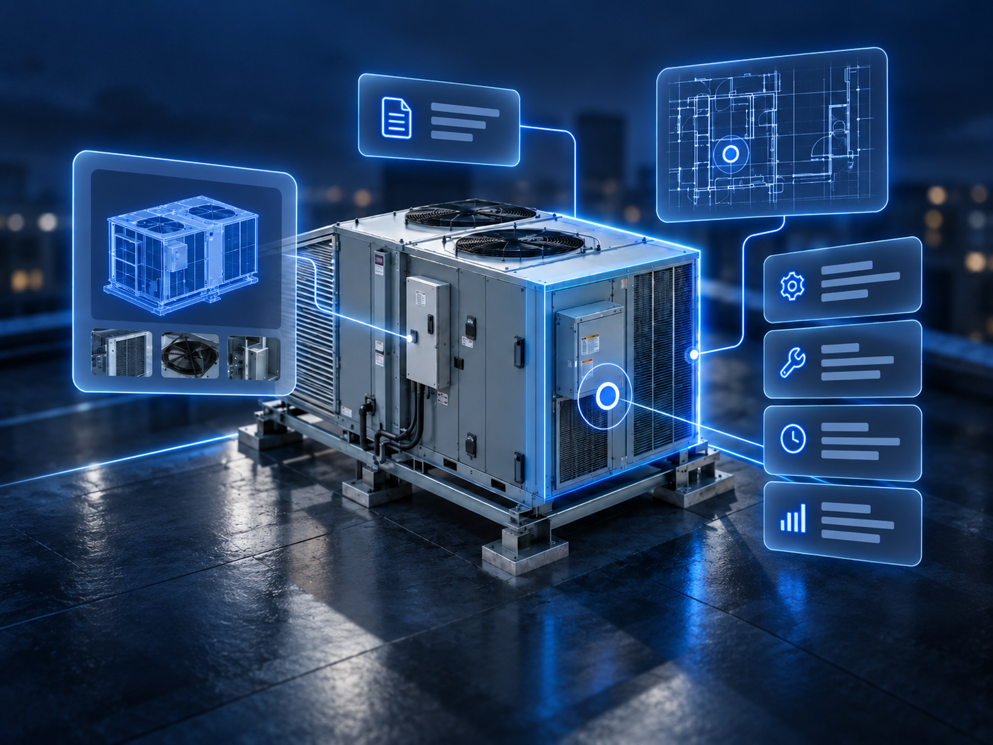 HVAC equipment with digital twin holographic overlays and telemetry