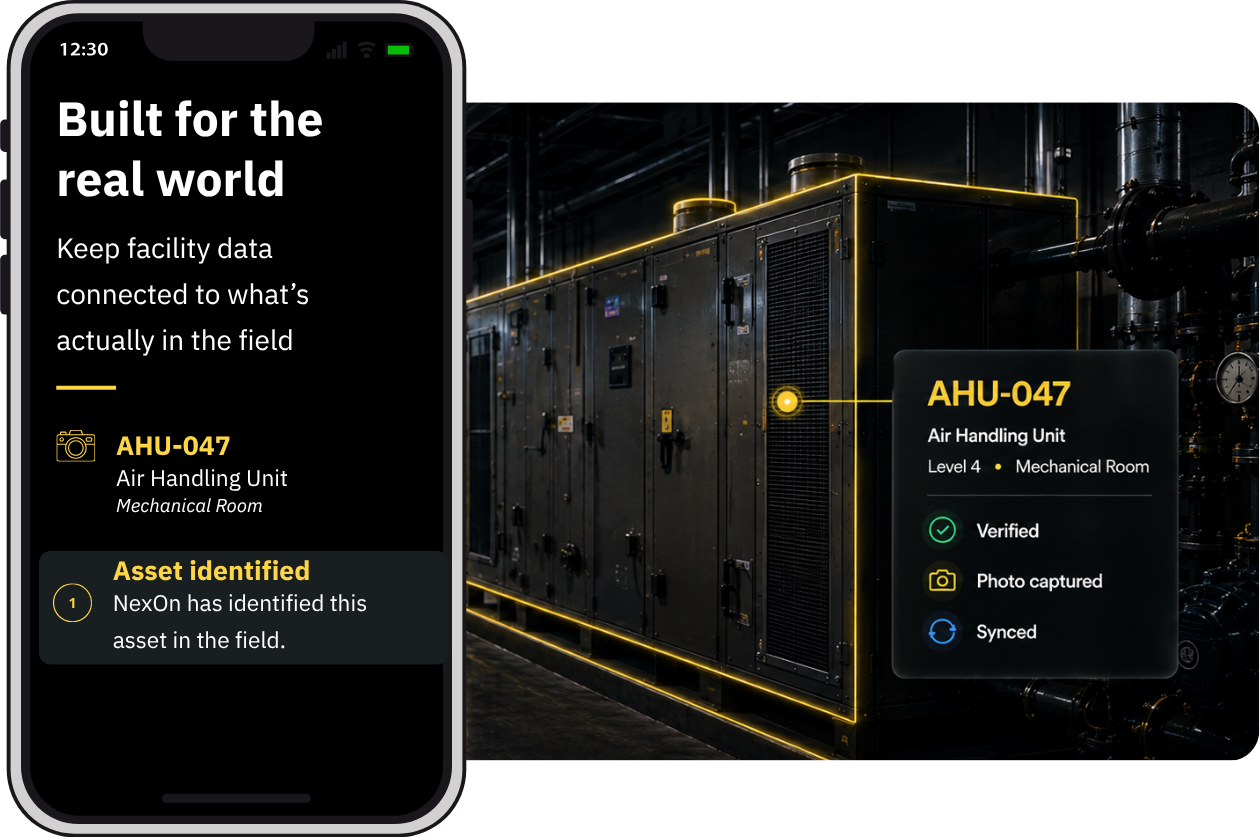 NexOn smartphone identifying AHU-047 inside physical mechanical room with yellow highlight