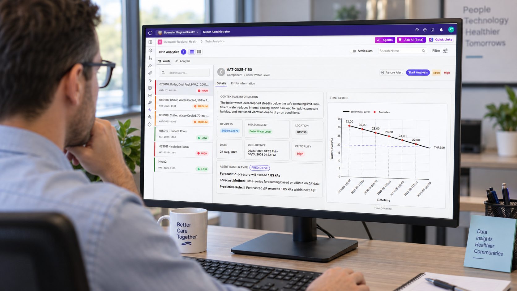 Facility manager monitoring building twin analytics on workstation