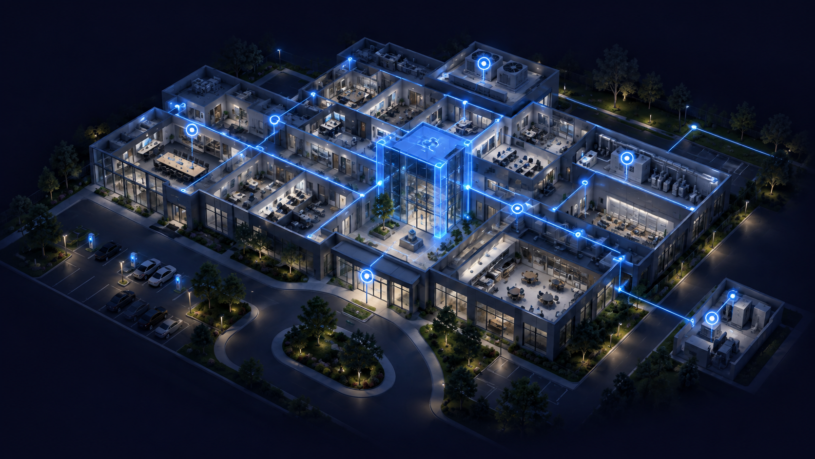 Comprehensive 3D architectural floorplan with connected smart zones