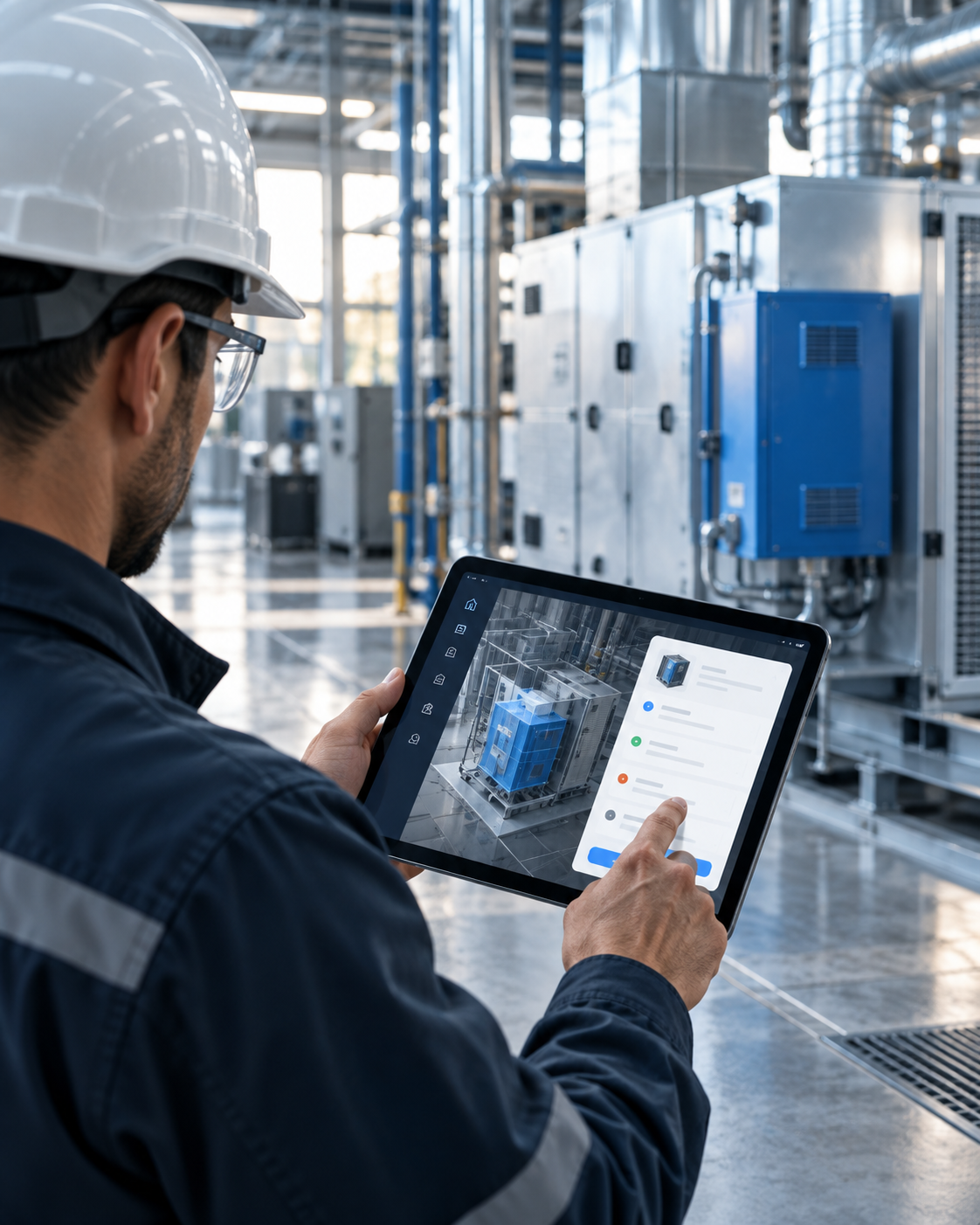 Technician reviewing work order on tablet in industrial plant
